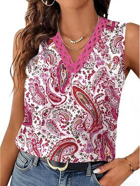 Women's Pink Lace V Neck Summer Loose Fit Sleeveless Shirts Casual Tank Top